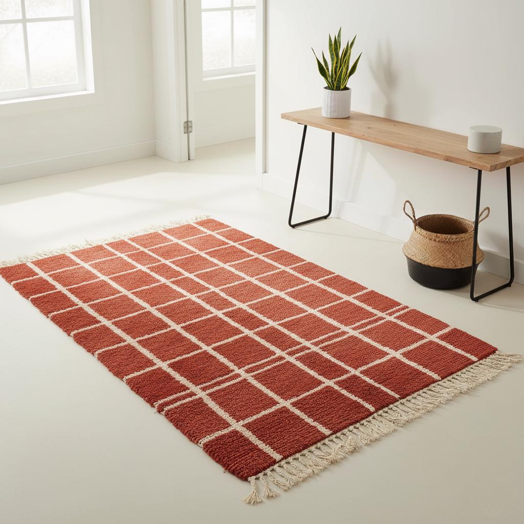 Handmade Moroccan Wool Rug – Brick Red Grid, Boho Accent Carpet