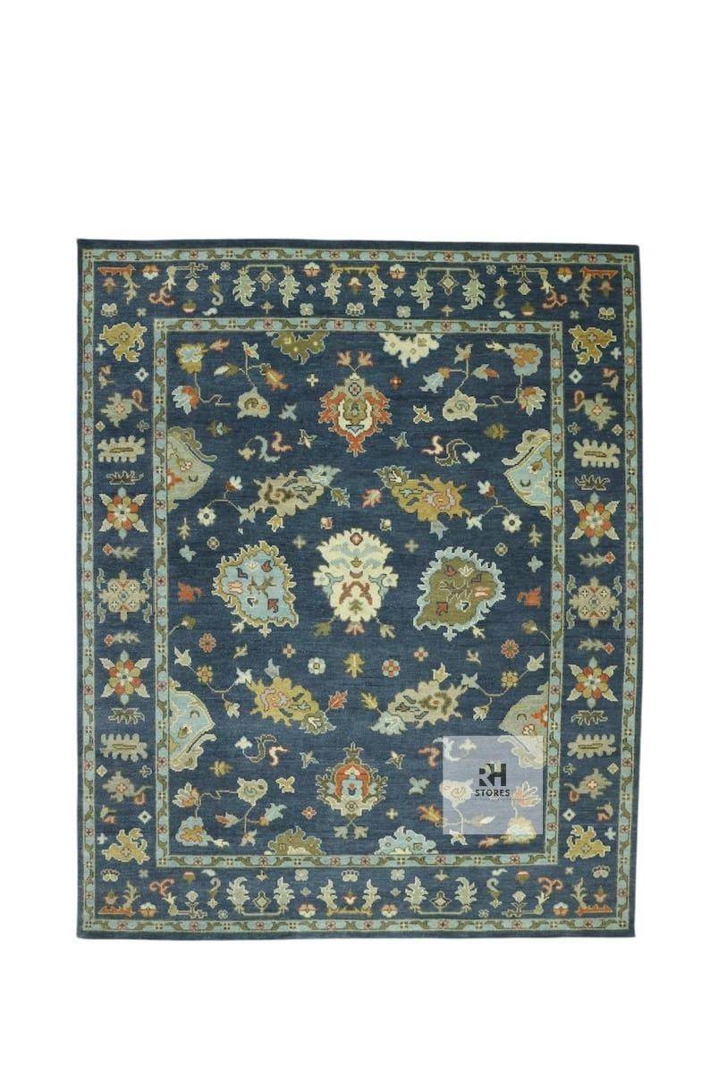 Handmade Oushak wool rug in olive green, beige, and gray with intricate Turkish knot floral design for living room decor