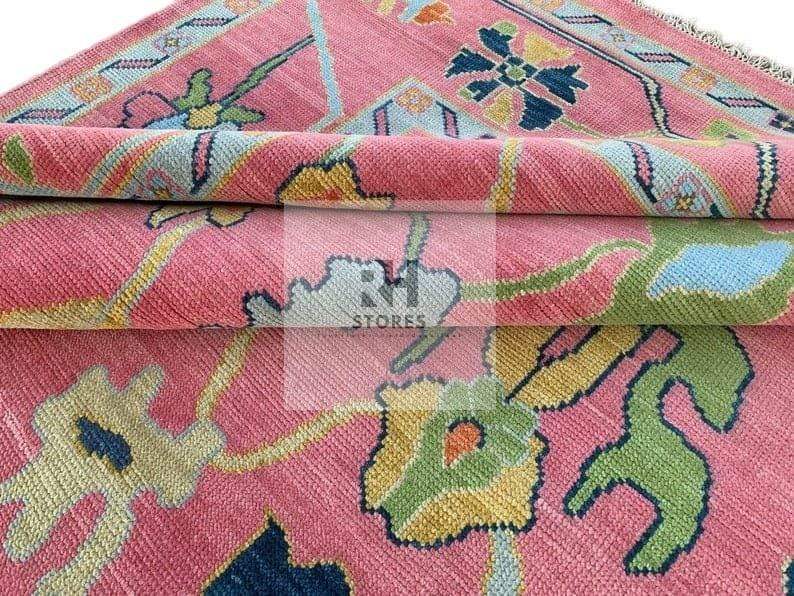 Handmade Oushak Wool Rug: Pink & Sky Blue Turkish Knot, 8x10 Area Rug