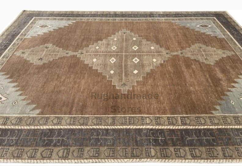 Handmade Oushak wool rug with vintage Turkish knot design in brown and beige, 8x10 feet