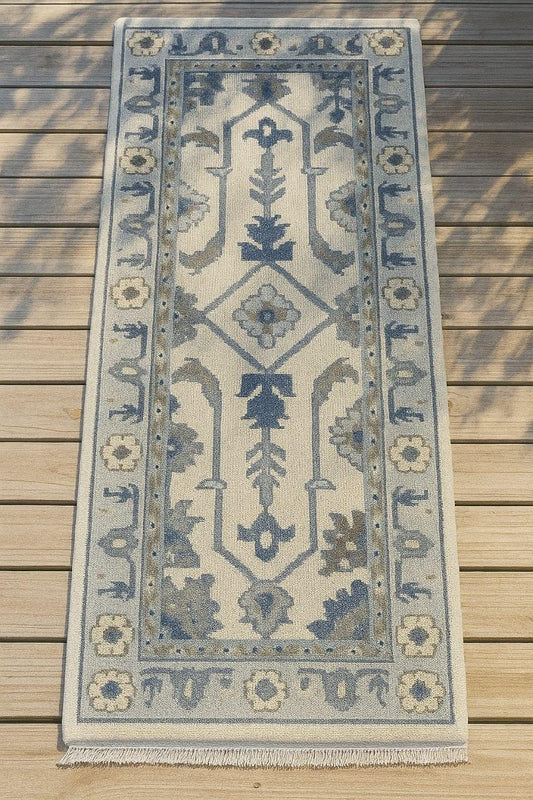 Handmade Oushak wool runner rug in ocean blue, green, ivory with floral design, 2.6x7 ft.