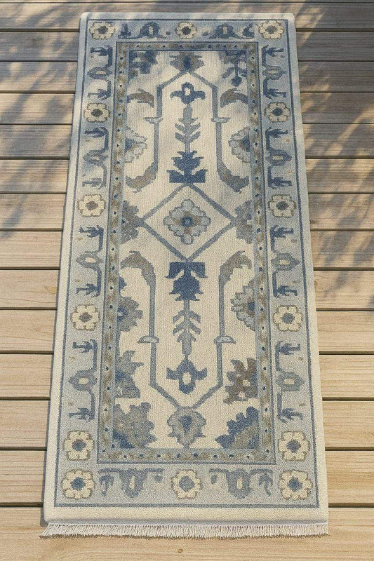 Handmade Oushak wool runner rug in ocean blue, green, ivory with floral design, 2.6x7 ft.