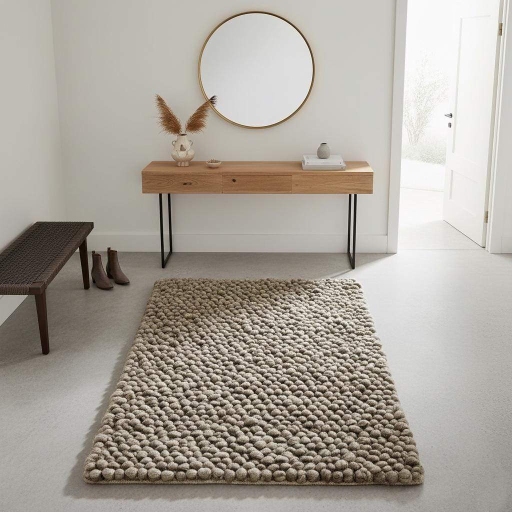 Handmade Taupe Felt Ball Rug – Chunky Wool Pom Pom Mat