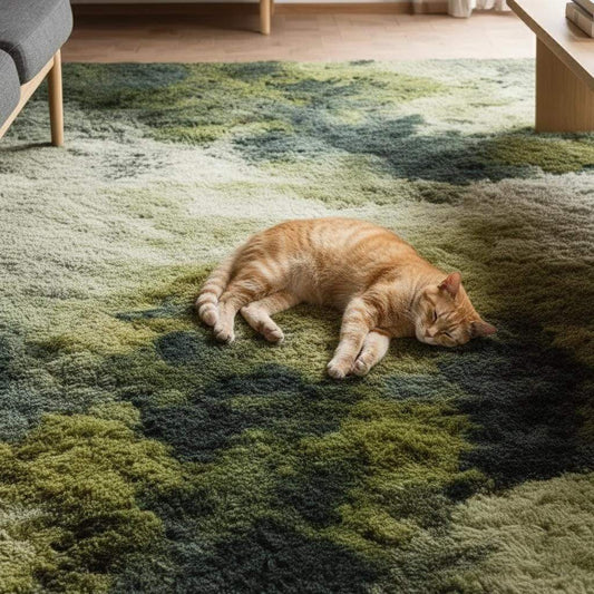 Moss green shag rug with gradient tones styled in a modern living room with wooden furniture.