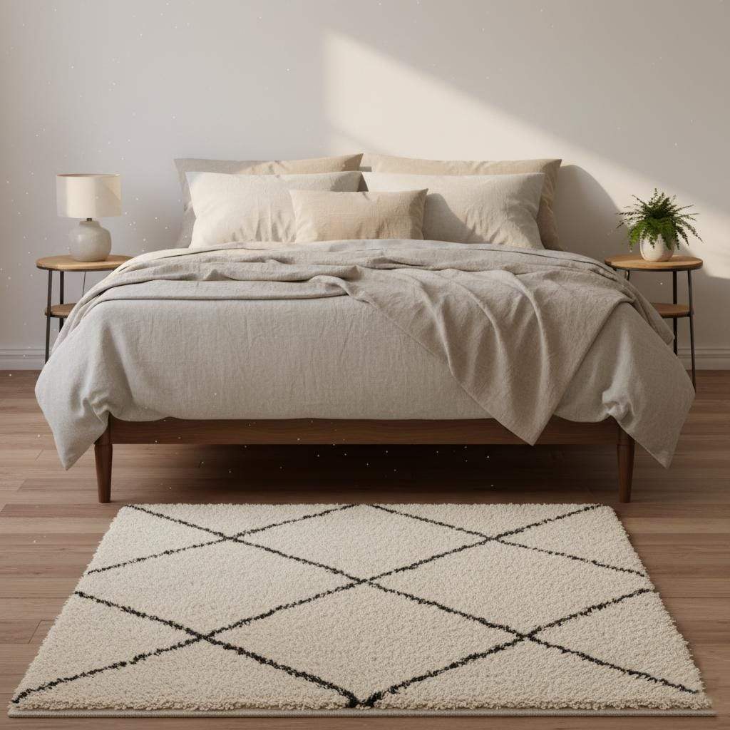 Handmade Wool Beni Ourain Rug – Cream & Black Diamond Berber Carpet