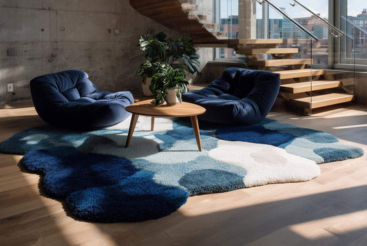 Modern handmade wool tufted rug in white and blue with floral design, 6x9 area rug for home decor