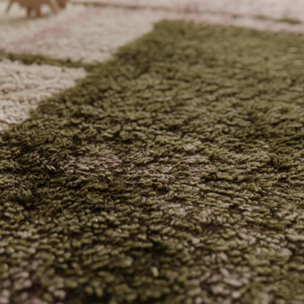 Close-up of dusty-pink and olive handwoven wool shag rug with textured pile and artisan fringe — boho area rug, rugs rug carpet teppich.