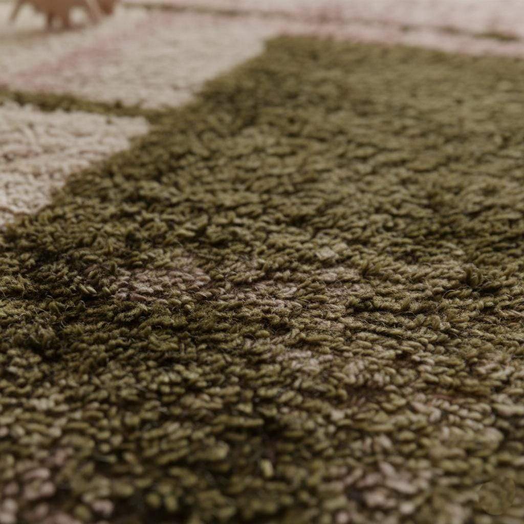 Close-up of dusty-pink and olive handwoven wool shag rug with textured pile and artisan fringe — boho area rug, rugs rug carpet teppich.