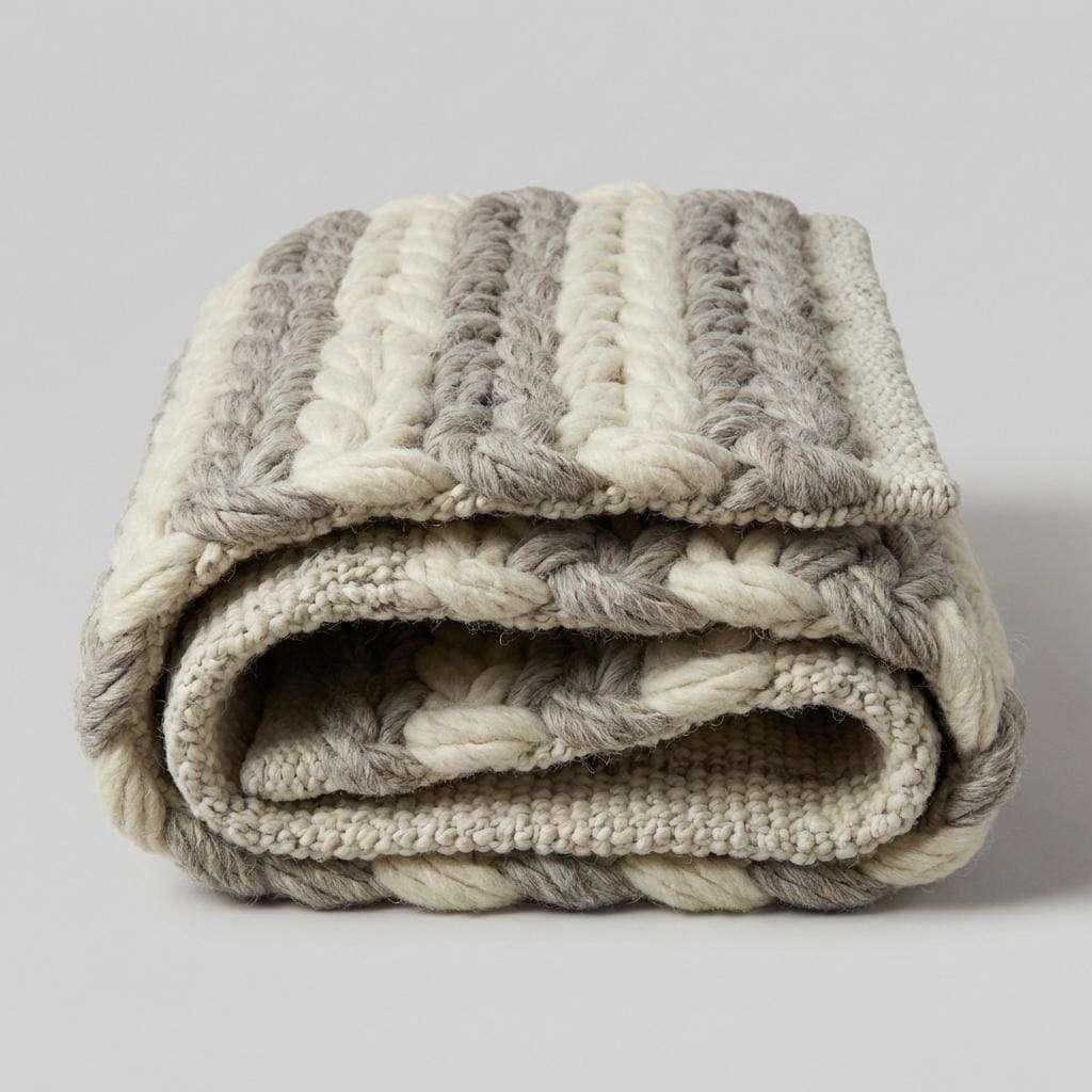 Handwoven chunky wool braided rug in neutral tones for farmhouse decor