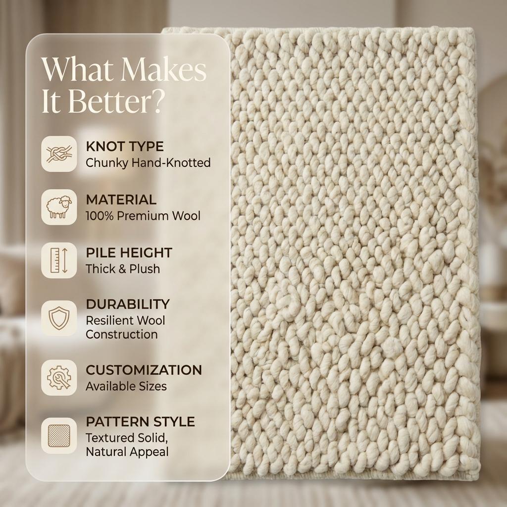 Handwoven chunky wool rug with braided texture in neutral tones for Scandinavian décor