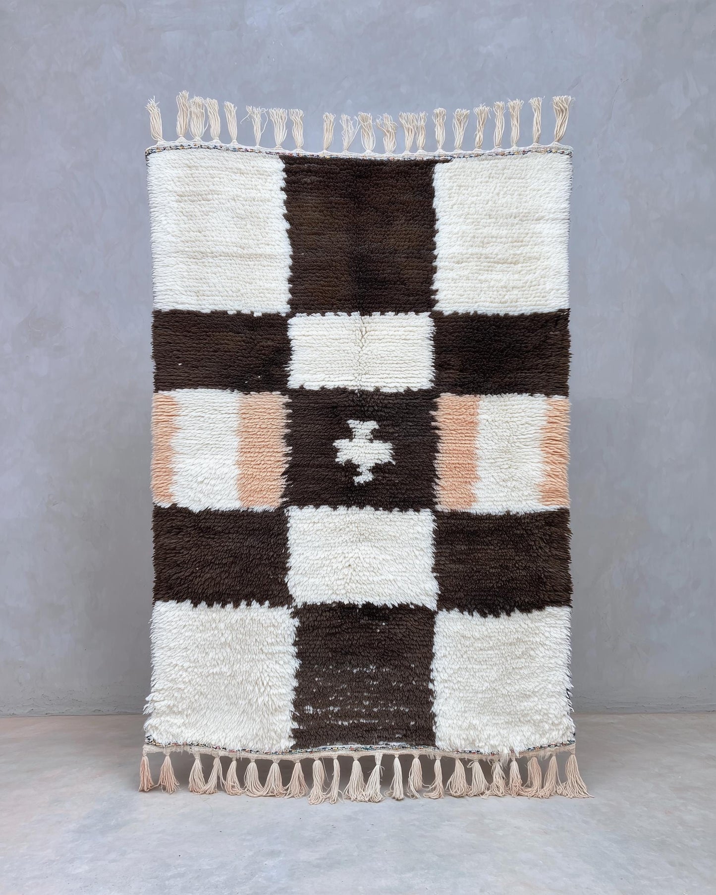 Handwoven Moroccan Berber Shag Rug — Cream & Chocolate Checker Wool Area Rugs, Rug for Living Room, Boho Carpet, Teppich