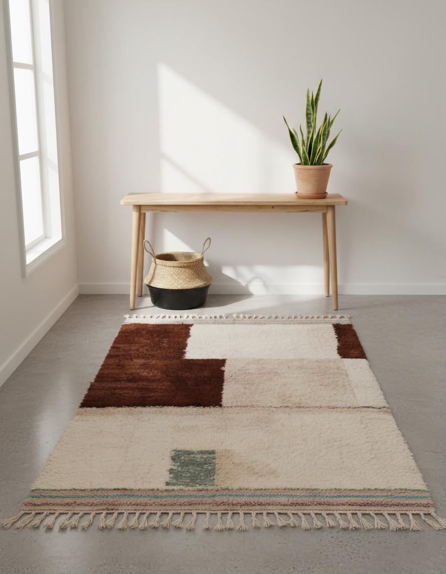 Handwoven Moroccan Berber Wool Rug – Cream & Chocolate Block, Boho Shag Carpet