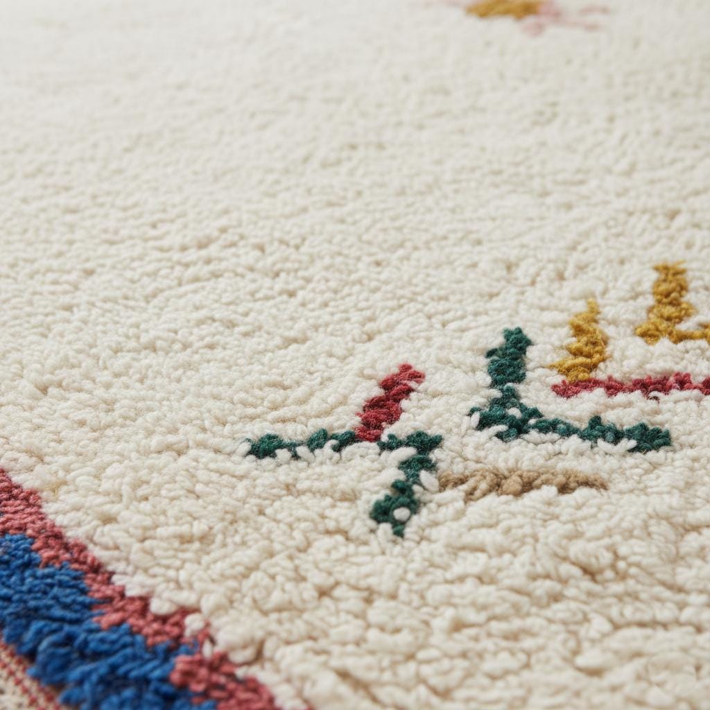 Handwoven Moroccan wool rug cream Berber carpet with colorful tribal motifs for boho home decor