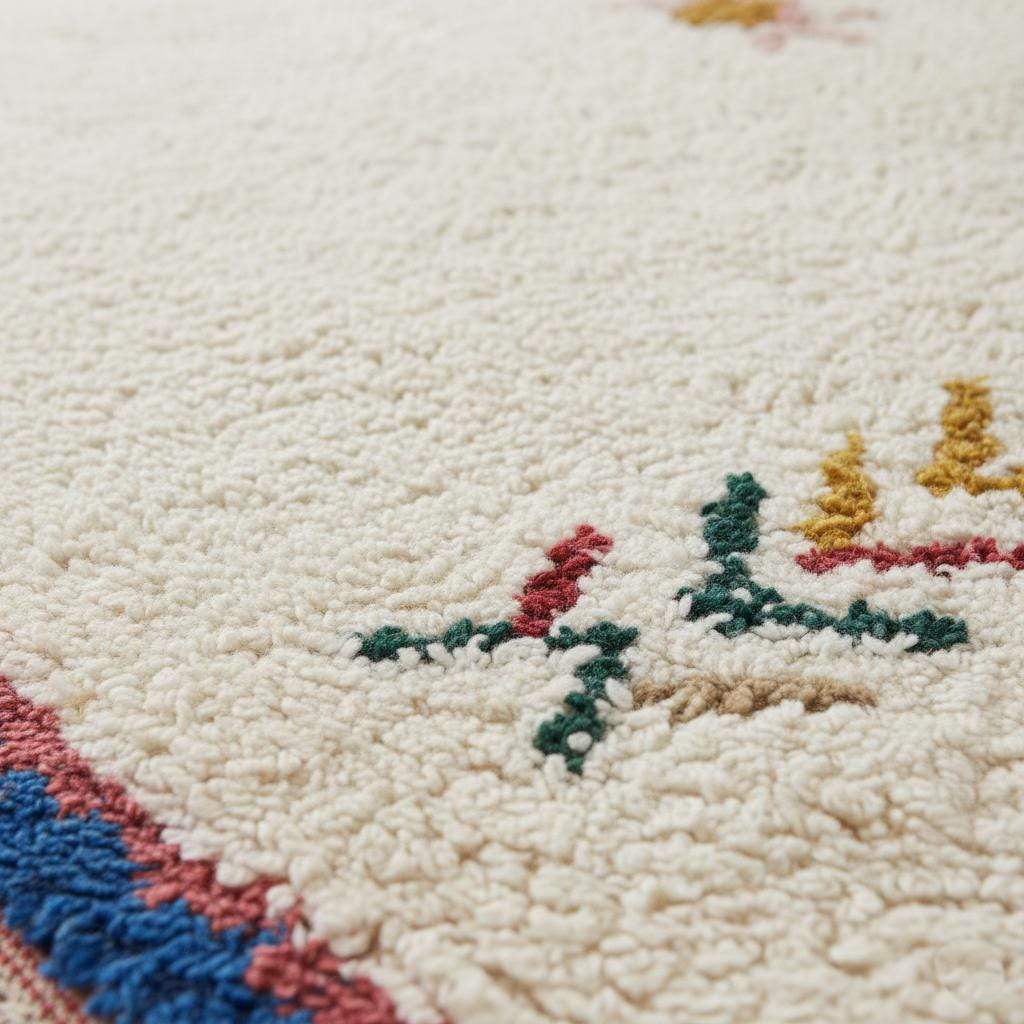 Handwoven Moroccan wool rug cream Berber carpet with colorful tribal motifs for boho home decor