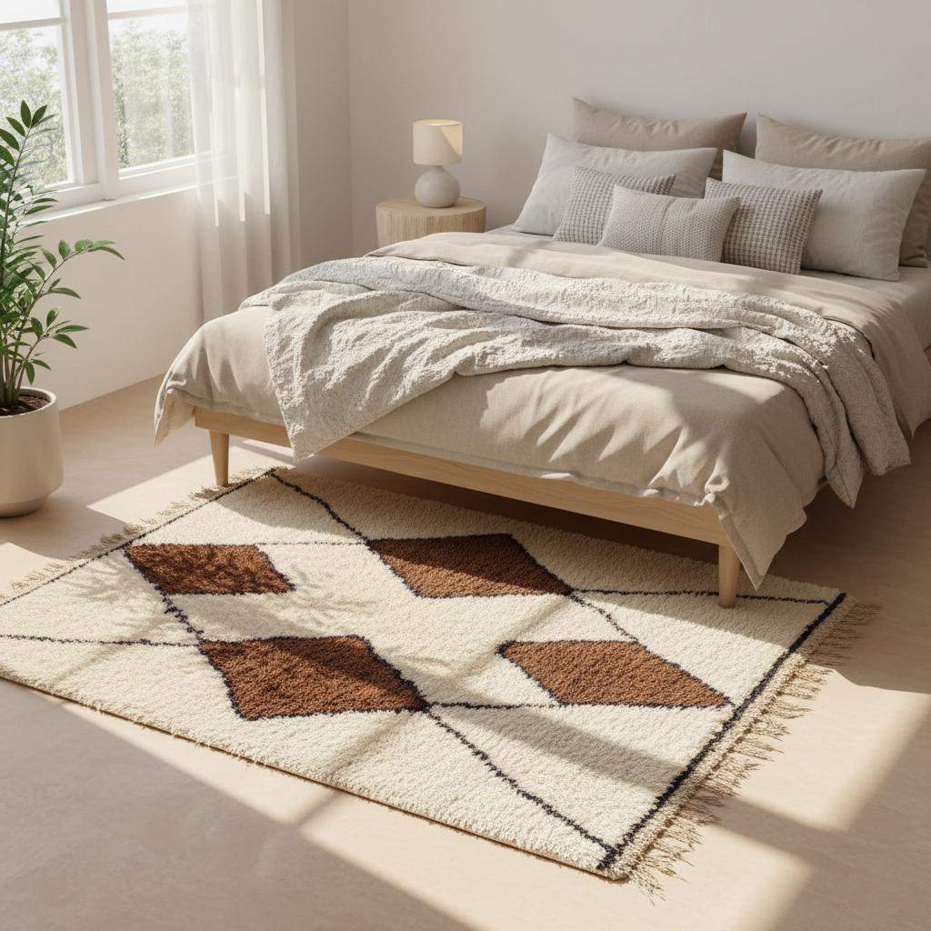 Handwoven Wool Beni Ourain Rug ivory with brown diamond Moroccan design
