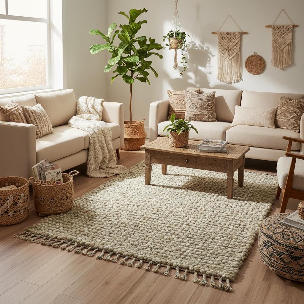 Handwoven Wool Pebble Rug – Sage Green & Cream, Boho Nursery Rug