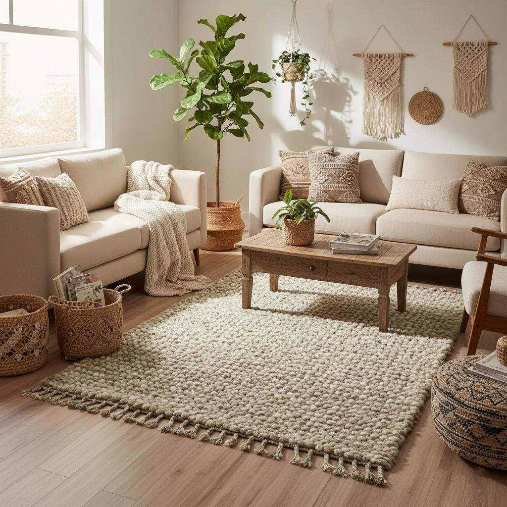 Handwoven Wool Pebble Rug – Sage Green & Cream, Boho Nursery Rug