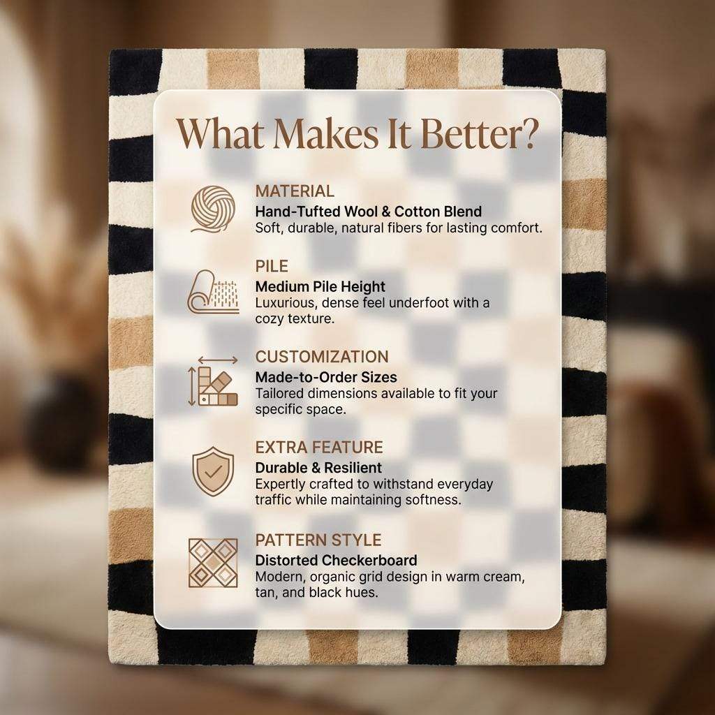 Irregular Checkered Area Carpet | Modern Beige & Black Squares Mat | Hand Tufted Trendy Neutral Room Decor __etsy:7592842040