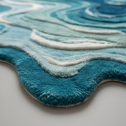 2x2 Irregular shaped melting rug with blue abstract swirl pattern and carved layered texture
