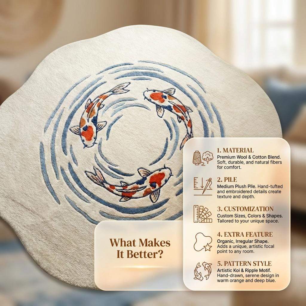 Koi Fish Rug Hand Tufted Irregular Shaped Wool Area