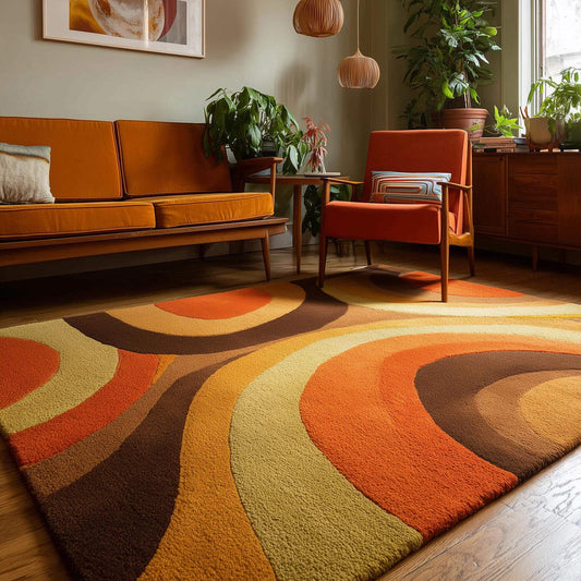 Mid Century Area Rug with plush pile and bold arc pattern in warm earthy tones