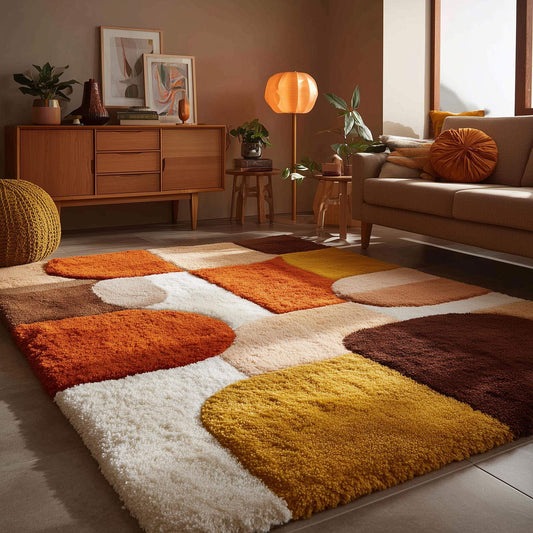 4x6 mid century area rug with plush thick pile, geometric retro pattern in warm mustard, burnt orange, cream hues