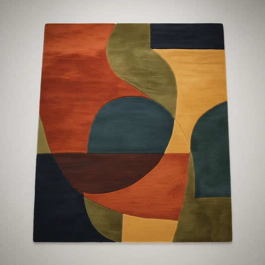 Mid century modern rug with retro geometric wool design in navy, mustard, burnt orange, and olive tones, handmade shag carpet.