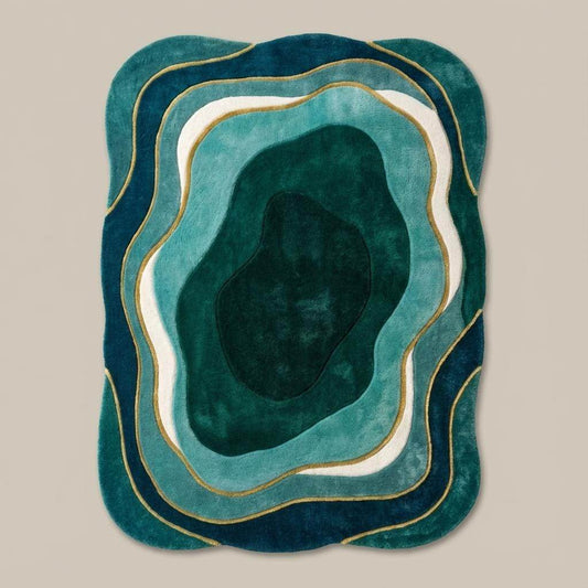 Mid century modern rug with organic abstract teal green design and retro curved shape