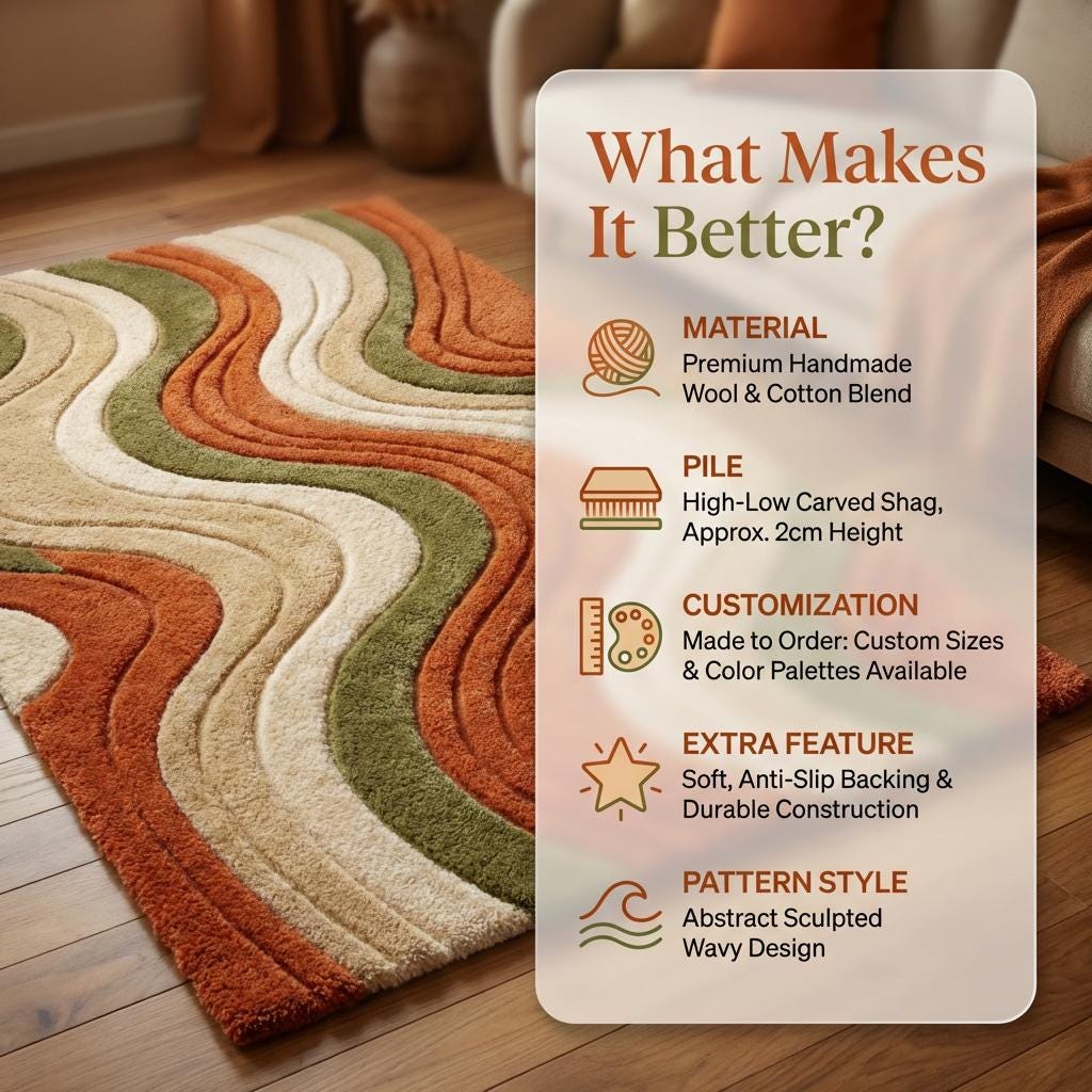 Mid Century Abstract Wavy Stripe Wool Area Rug