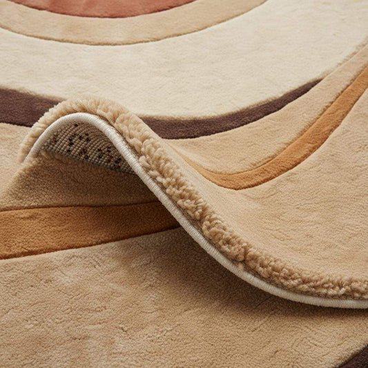 Close-up of hand tufted rug texture showing plush pile height, dense fibers, soft wool surface, and clean carved edges highlighting craftsmanship and comfort.