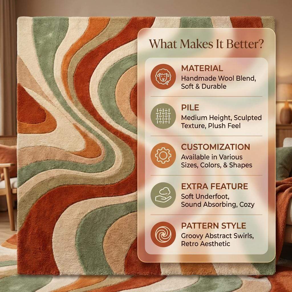 Mid Century Modern Retro Wavy Wool Rug for Living Room Decor