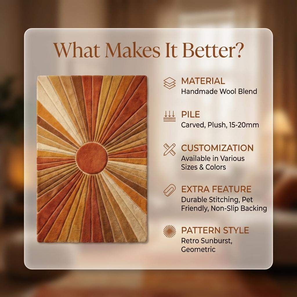 Mid Century Sunburst Retro Hand Tufted Wool Rug in Warm Earth Tones