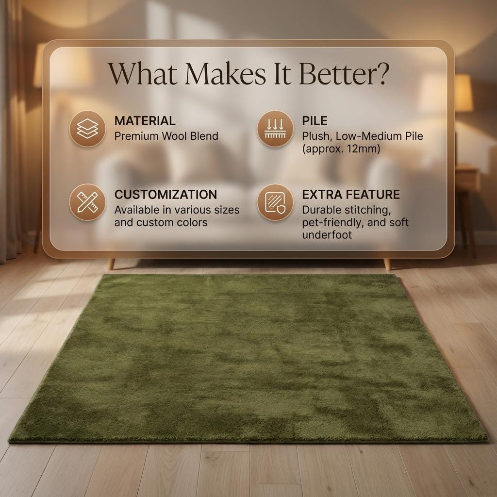 Minimalist Solid Olive Green Plush Area Rug