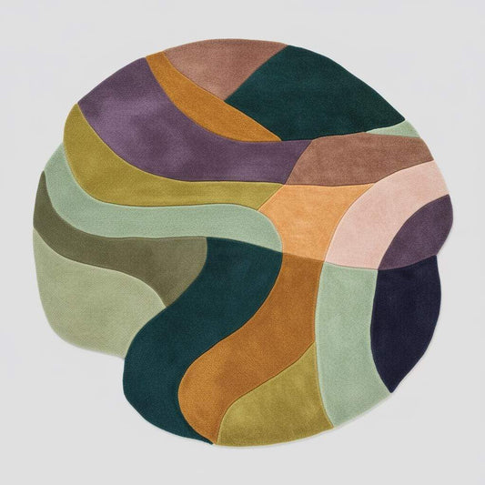 Abstract wool rug hand-tufted with freeform color block design in teal, olive, mustard, blush, navy, and lavender