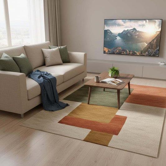 Modern Geometric Rug handmade wool carpet with abstract geometric pattern in warm terracotta, olive, cream, and mustard tones for living room.
