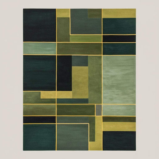 Modern geometric rug in green with abstract art design, hand-tufted New Zealand wool luxury carpet