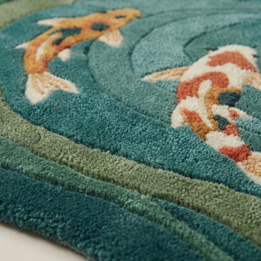 Modern hand tufted koi fish rug with organic shape and plush wool pile