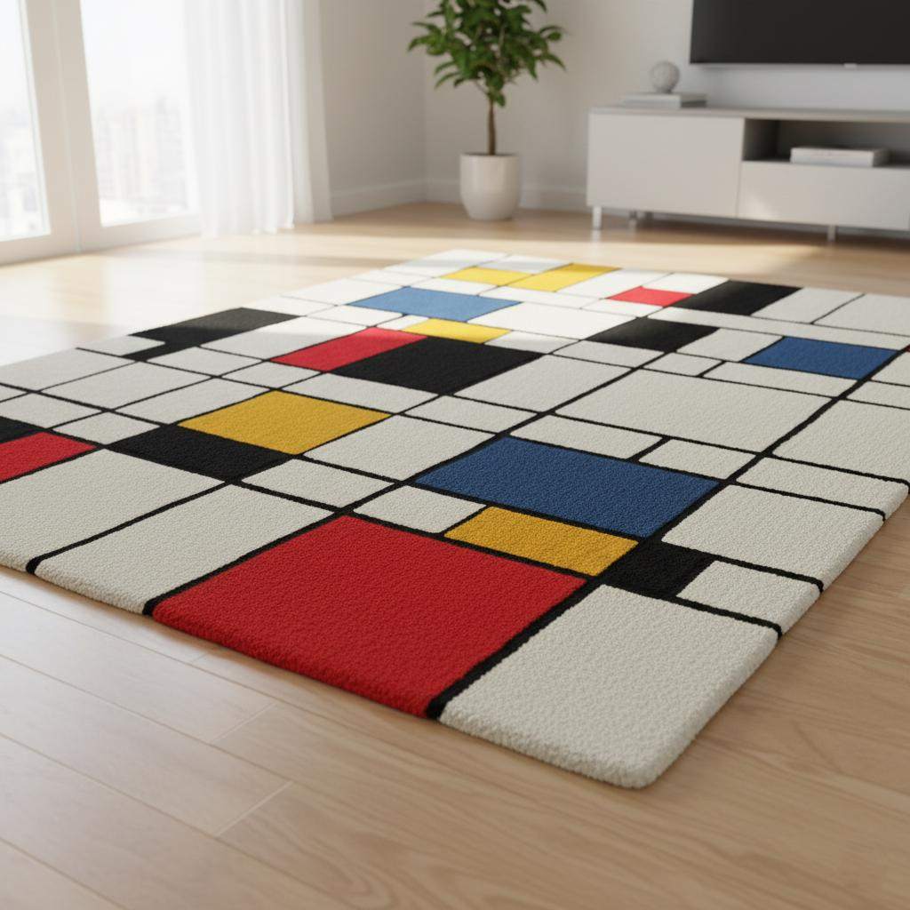 Mondrian Inspired Wool Rug: Geometric Color Block, Hand-Tufted
