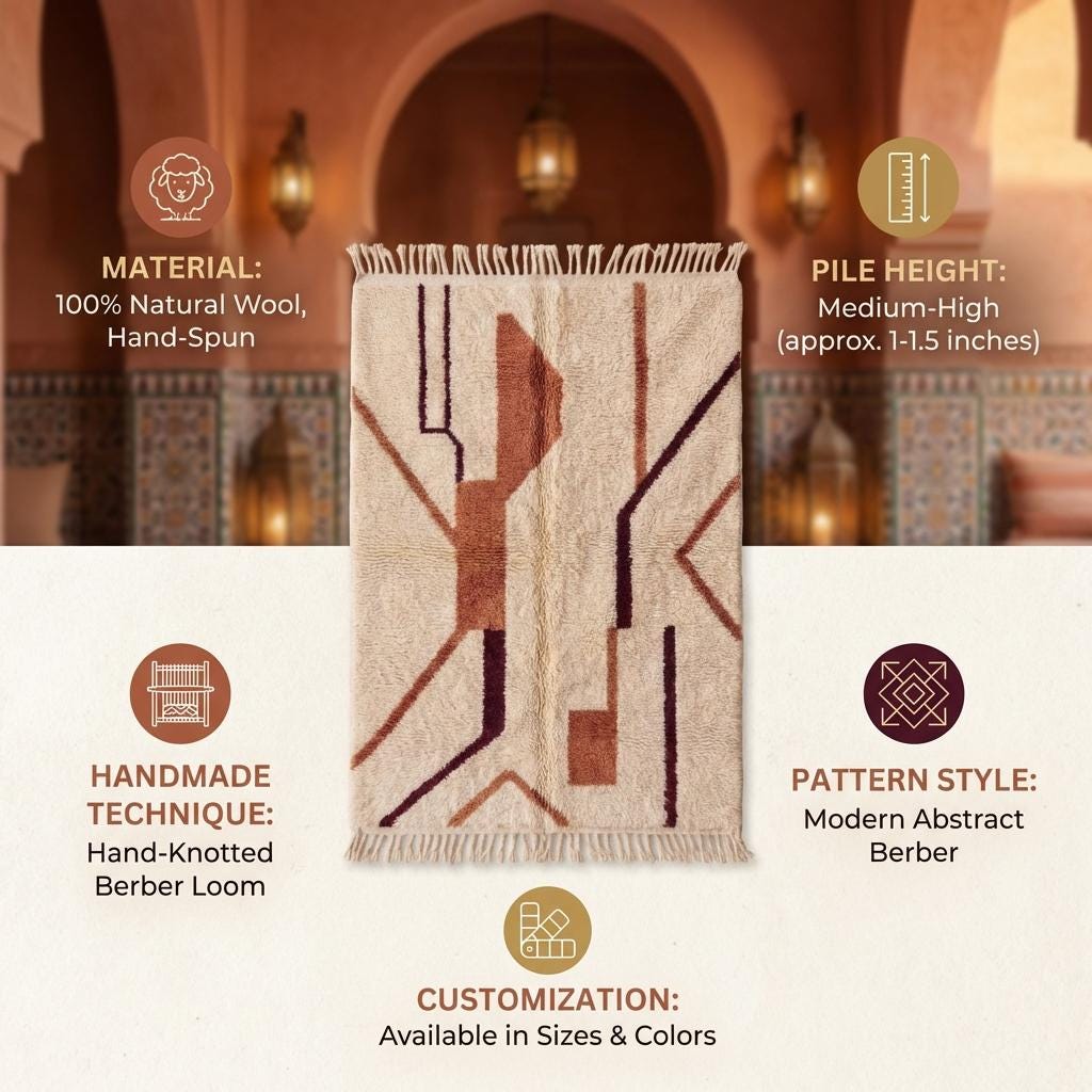 Moroccan Abstract Rug Ivory Plush Pile with Rust Terracotta Tribal Lines Boho Decor