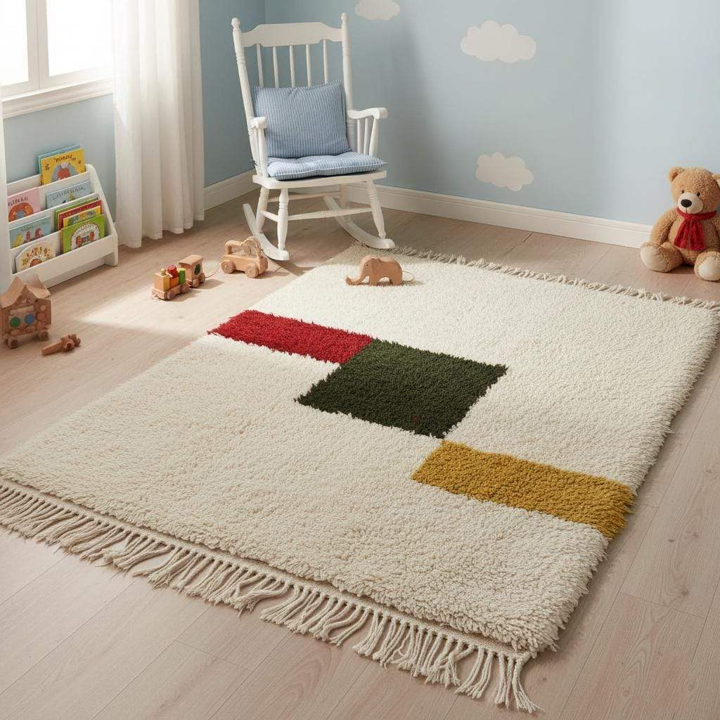 Moroccan Beni Ourain Wool Rug – Ivory Shag with Abstract Color Blocks