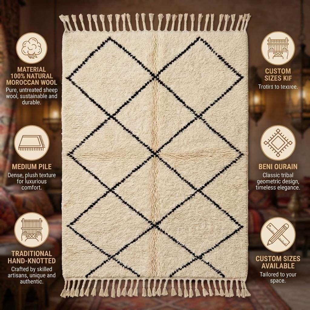 Ivory Moroccan diamond pattern rug with black geometric lines and tassel fringe in modern boho room