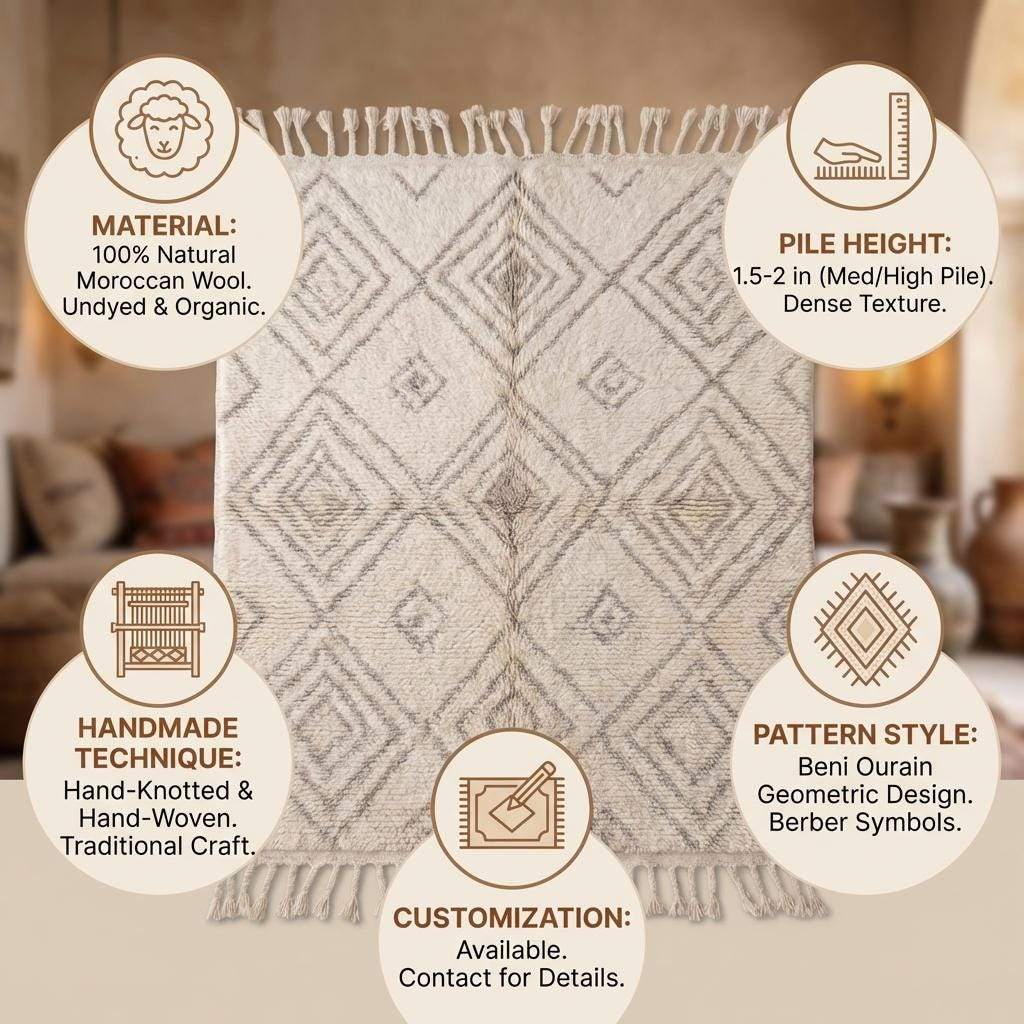 Moroccan Diamond Rug – Ivory Geometric Berber Style Rug, Neutral Boho Textured New Zealand Wool Area Rug