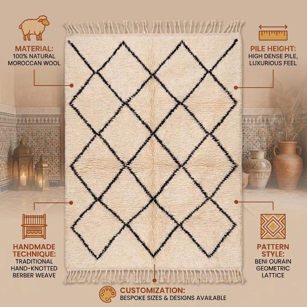 Moroccan Geometric Diamond Rug – Neutral Ivory Boho Tribal Pattern Textured Area Rug for Living Room Decor