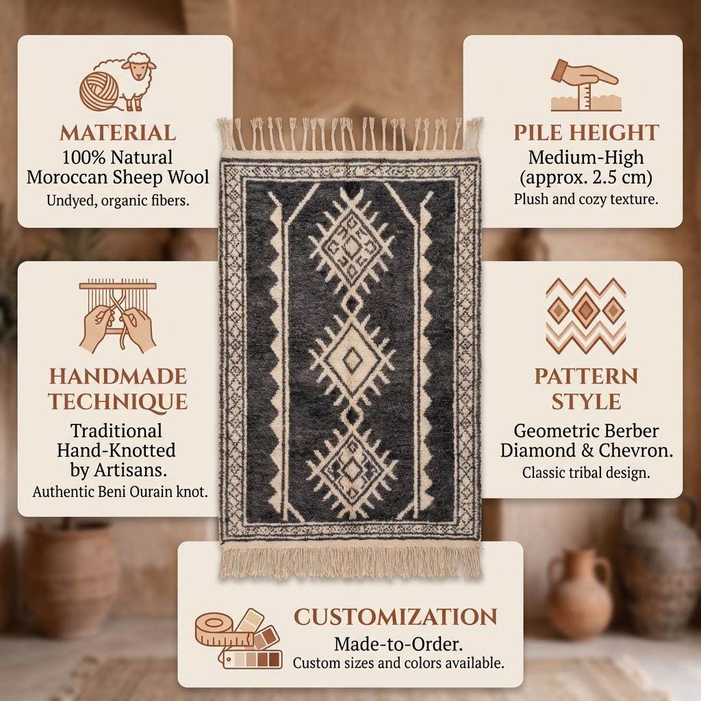 Moroccan geometric rug with charcoal and ivory tribal diamond pattern for boho living room decor