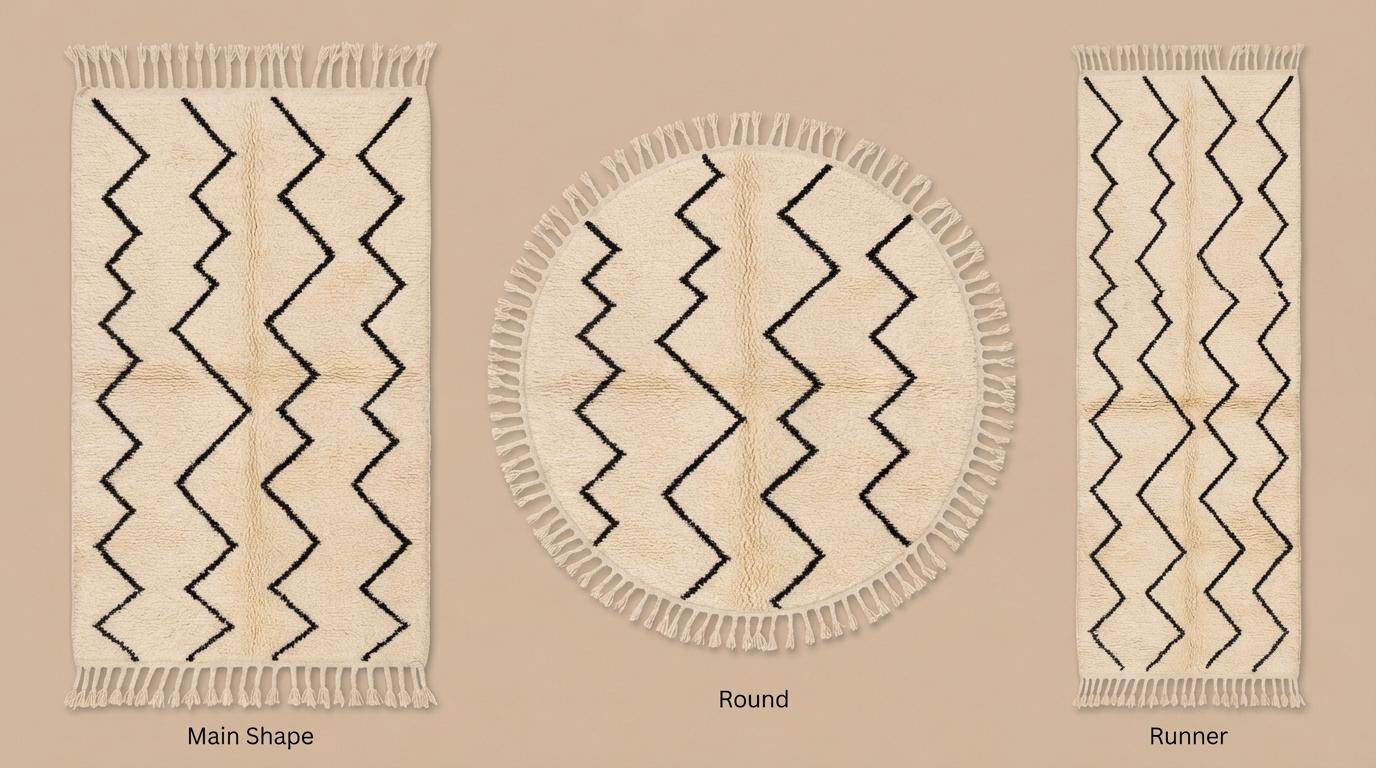 Moroccan Geometric Rug, Ivory Berber Zigzag Pattern Rug, Neutral Boho Textured Rug with Black Tribal Lines