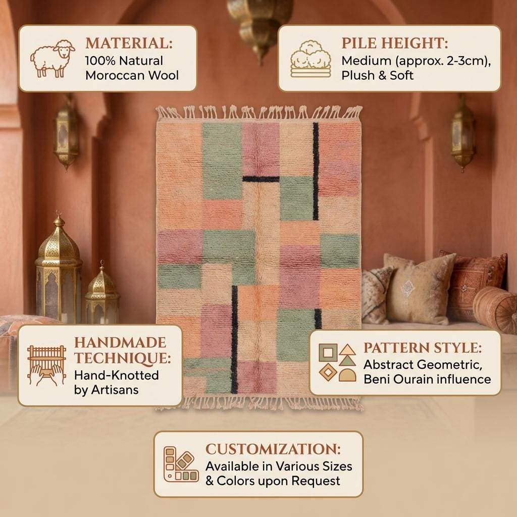Moroccan Geometric Rug, Peach and Sage Block Pattern Boho Rug, Textured Tribal Style Area Rug