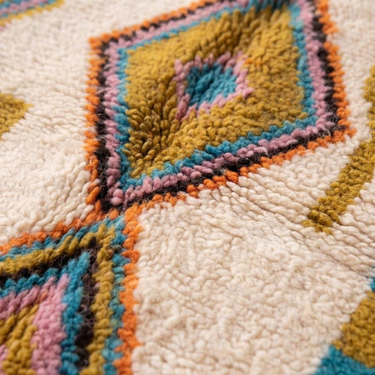 Moroccan hand knotted ivory rug with colorful geometric diamond tribal pattern and decorative fringe edge