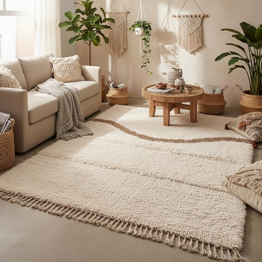 Cozy cream shag area rug with thick Berber-inspired pile and subtle brown wave pattern for boho, Japandi, and organic modern interiors.