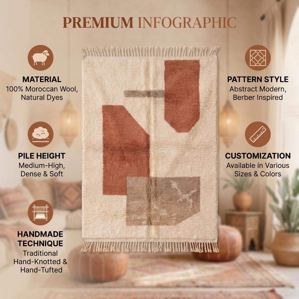 Moroccan Style Geometric Rug – Ivory Terracotta Abstract Boho Rug, Neutral Desert Modern Decor