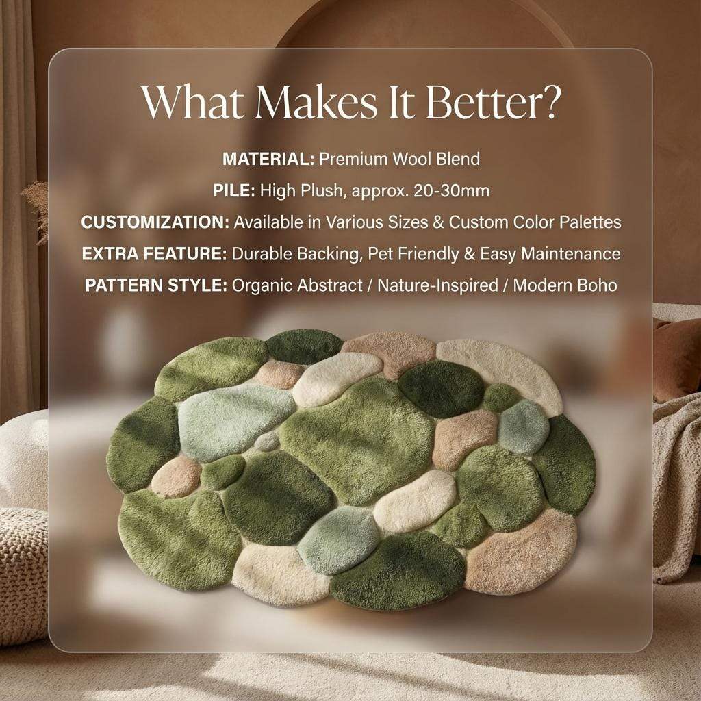 Moss Green Pebble Rug, Hand Tufted Wool Organic Shape Area Rug, Modern Nature Inspired High Pile Carpet for Living Room Bedroom Decor